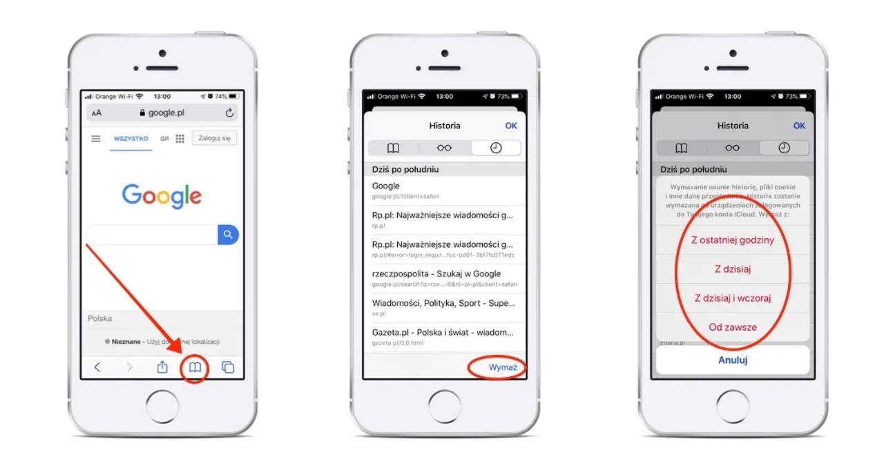 iPhone ustawienia Safari wymaż historię