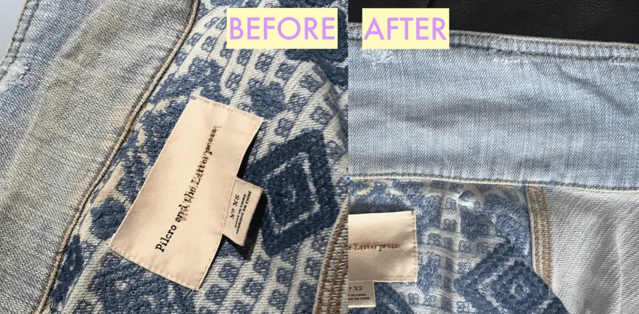 jeans bleaching fail yellow stains vs good result
