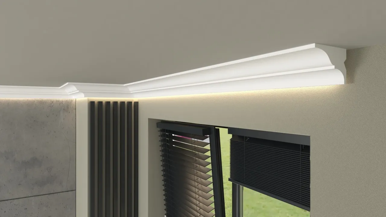 Nowoczesna sztukateria z podświetleniem LED nad oknem. Czy pasek pod sufitem jest modny? Zdecydowanie tak, dodaje elegancji i tworzy przytulną atmosferę.