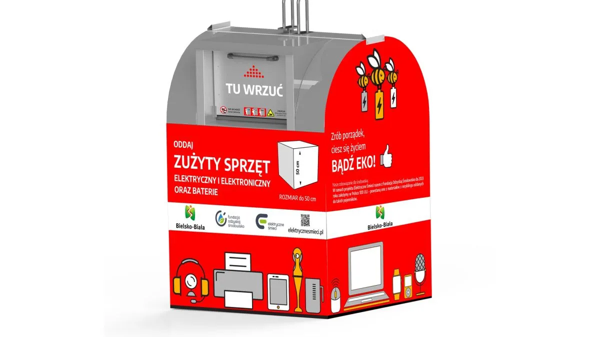 r&oacute;żne sposoby utylizacji elektrośmieci, np. czerwony pojemnik na elektroodpady, sklep RTV AGD, PSZOK