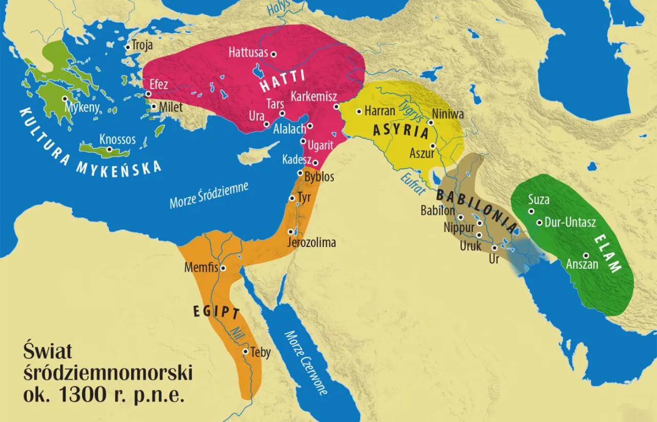 Mapa świata śródziemnomorskiego ok. 1300 r. p.n.e. pokazuje, kiedy powstała pierwsza cywilizacja: Egipt, Babilonia, Asyria, Hatti, Elam i kultura mykeńska.