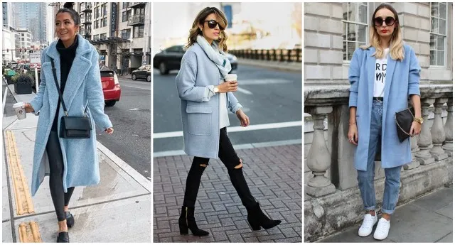 Stylizacje błękitny płaszcz z bielą czernią szarością