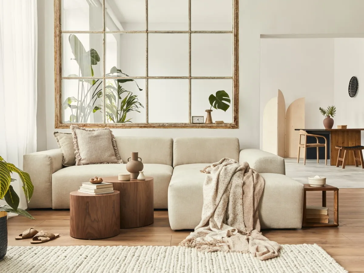Przytulny salon z kanapą w kolorze ecru, drewnianymi stolikami i roślinami. W tle widać jadalnię.