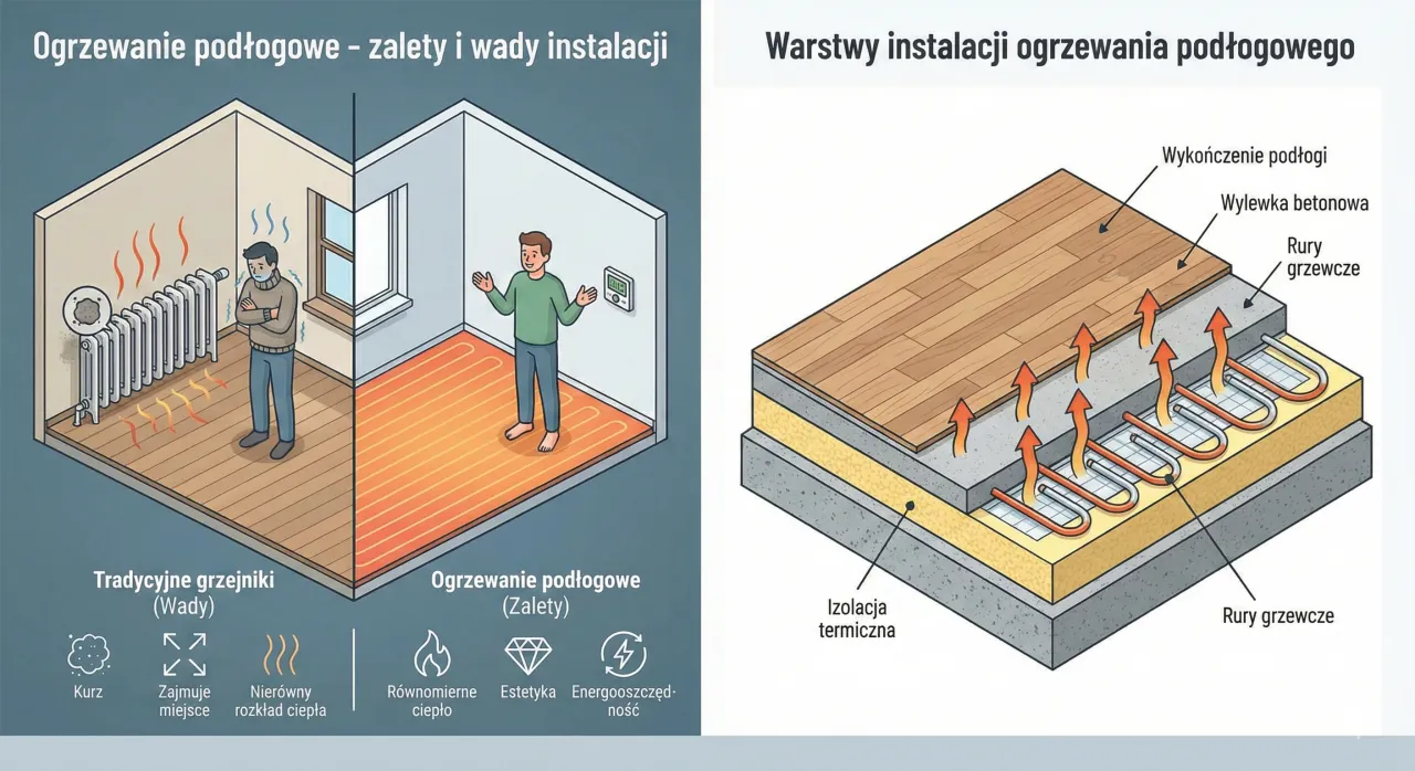 Ilustracja pokazuje, jak działa ogrzewanie podłogowe, por&oacute;wnując je z tradycyjnymi grzejnikami. Podłog&oacute;wka zapewnia r&oacute;wnomierne ciepło i estetykę.