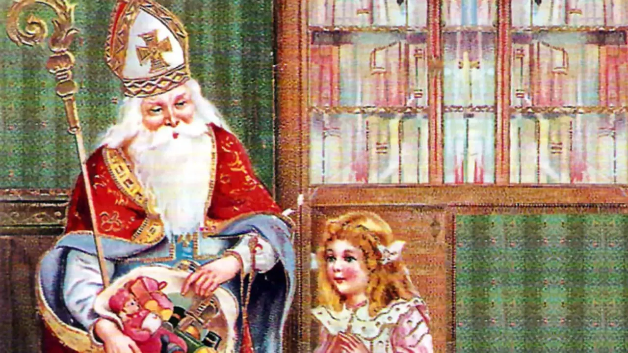 Święty Mikołaj z laską i prezentami w koszu, obok niego uśmiechnięta dziewczynka. Ilustracja do legendy o świętym mikołaju dla dzieci.