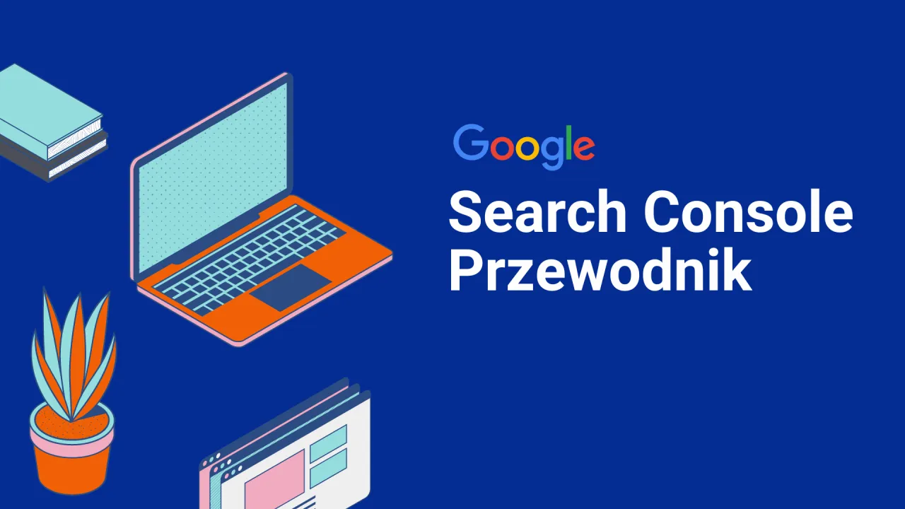 Grafika z laptopem, książkami i rośliną. Tekst 