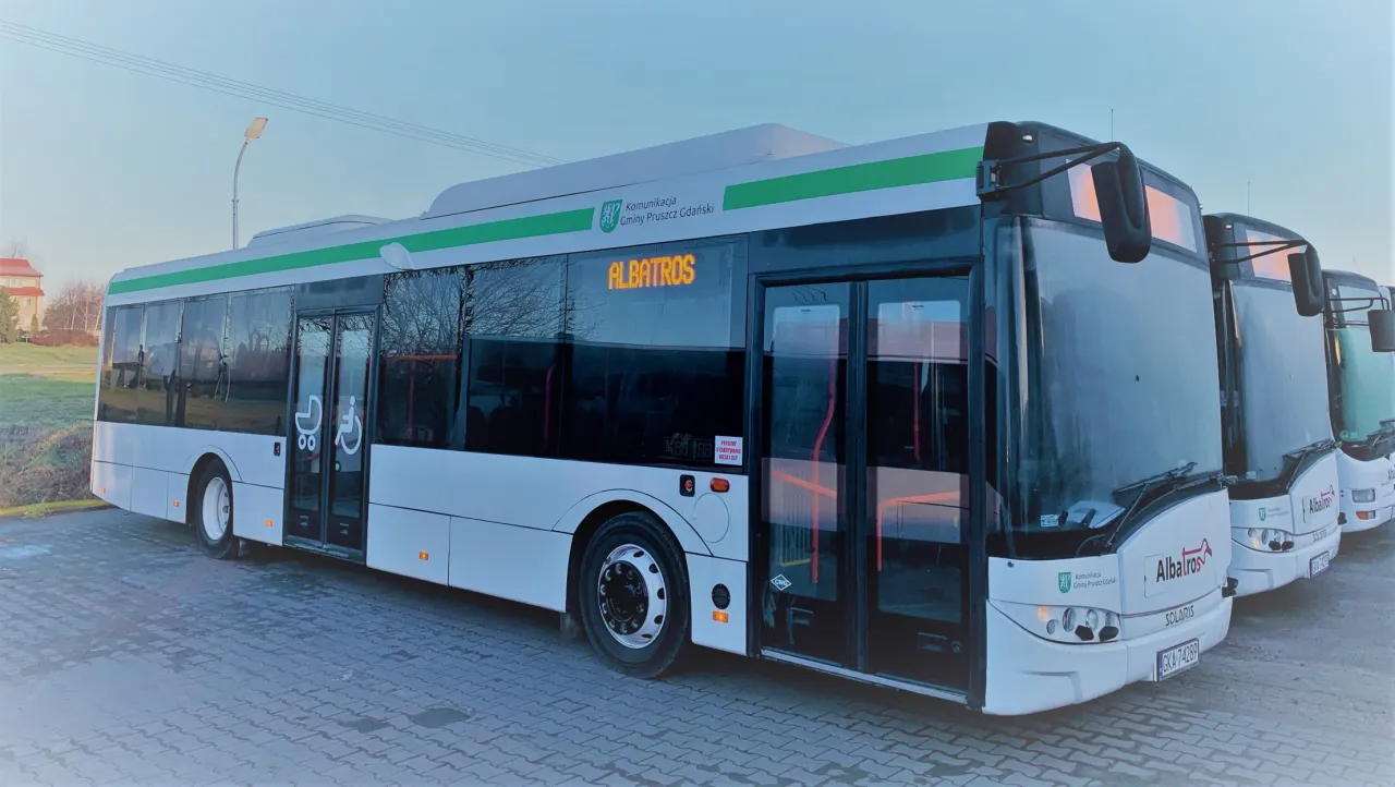 Autobusy Albatros stojące w rzędzie. Na wyświetlaczu widnieje napis