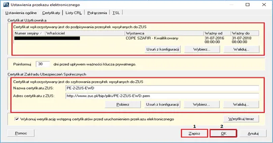Płatnik ustawienia przekazu elektronicznego certyfikaty
