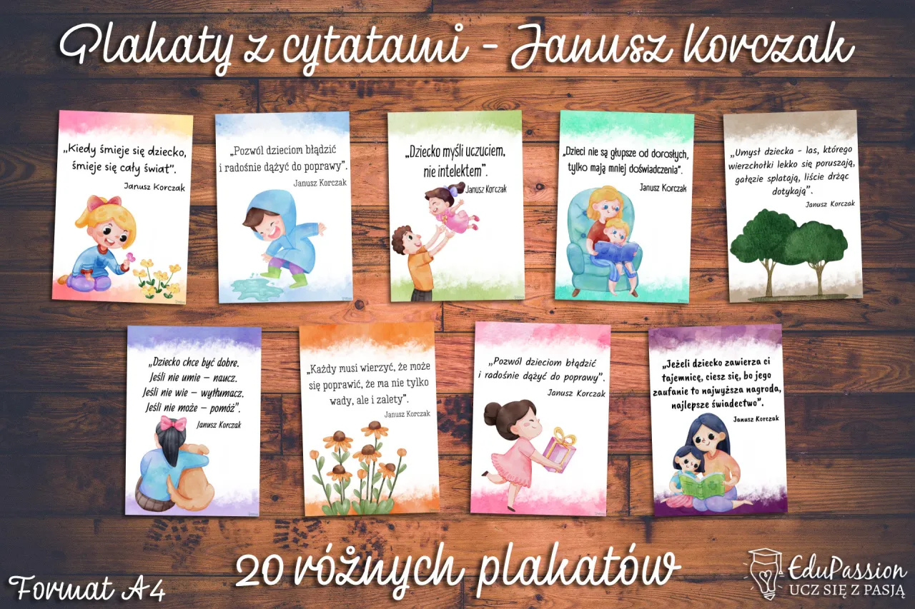 Plakaty z cytatami Janusza Korczaka. Wzruszające korczak cytaty, kiedy śmieje się dziecko, inspirują do rozwoju.