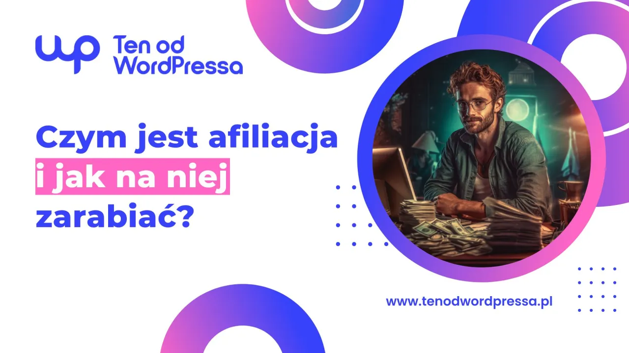 Mężczyzna przy biurku z laptopem i stosem pieniędzy. Dowiedz się, czym jest afiliacja i jak na niej zarabiać na blogu.