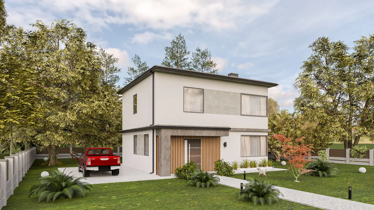 Nowoczesny dom kostka z jasną elewacją, ozdobioną betonowymi i drewnianymi elementami. Otoczony zielenią i drzewami.