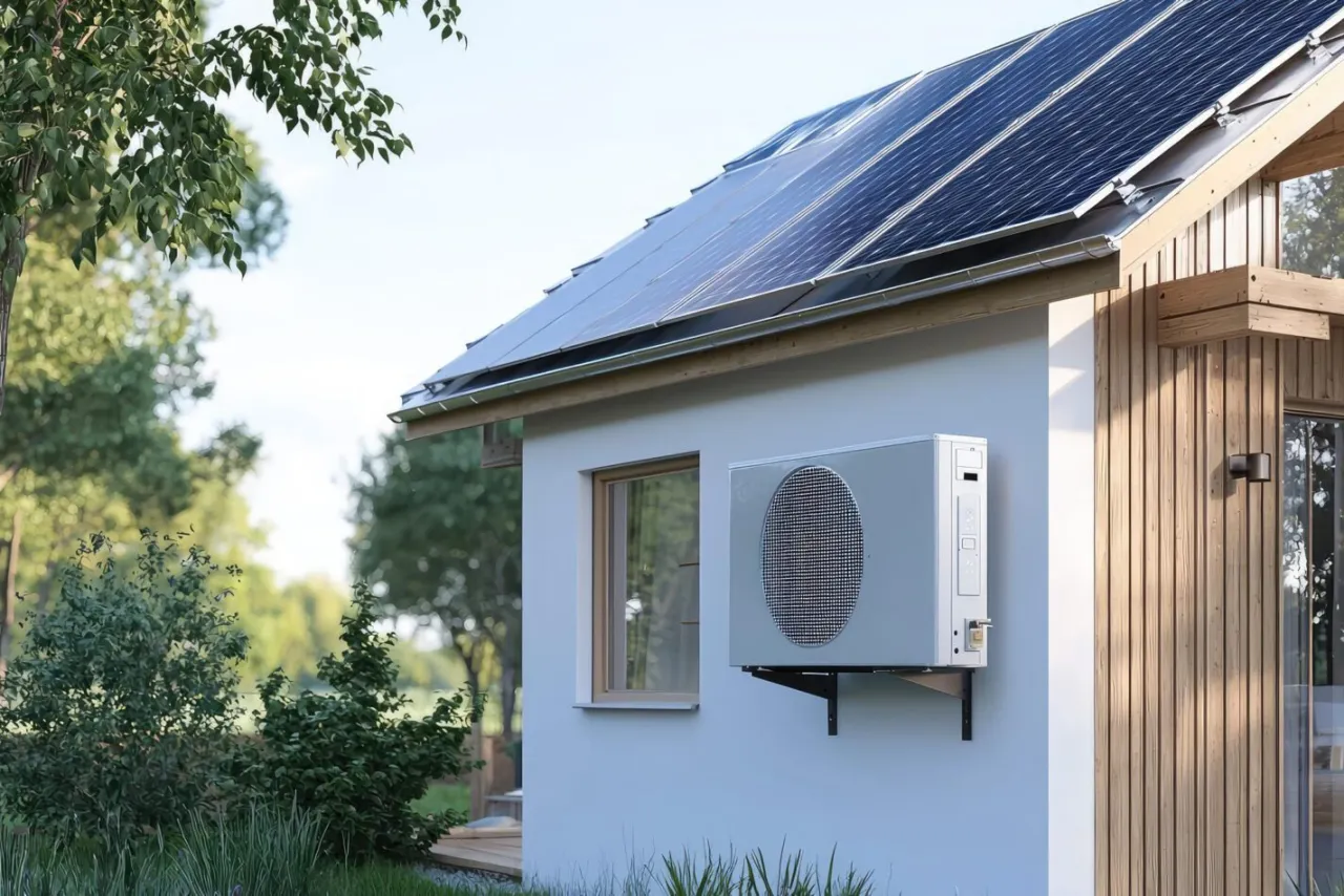 dom z panelami fotowoltaicznymi i pompą ciepła