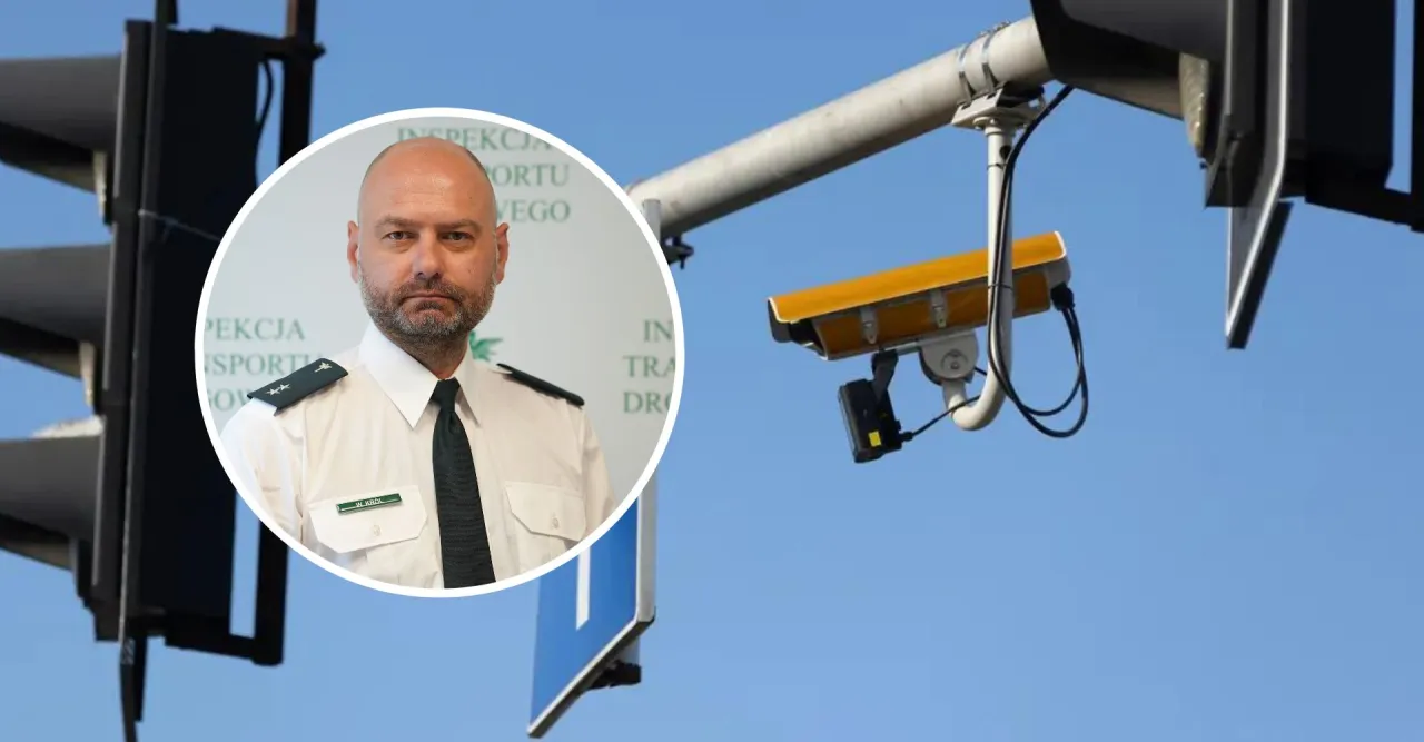 Inspektor m&oacute;wi o tym, ile punkt&oacute;w karnych za przejazd na czerwonym świetle. Kamera rejestruje wykroczenia.