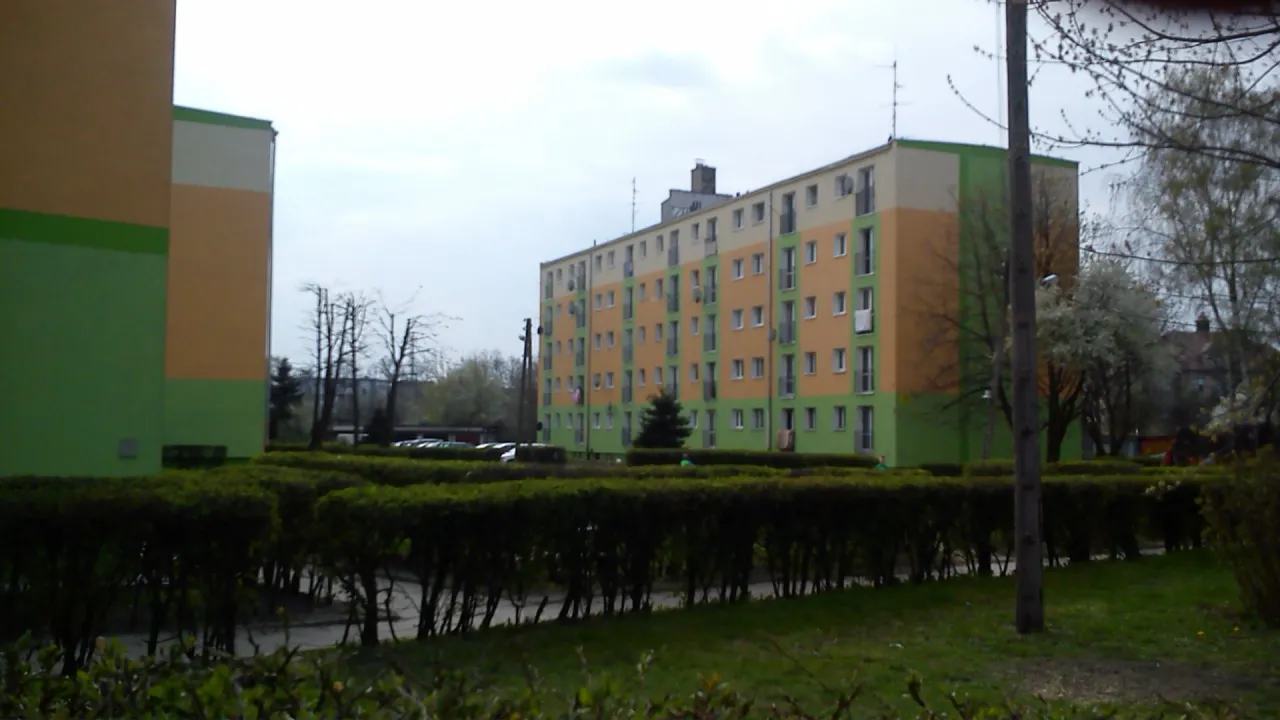 Kolorowe bloki mieszkalne, typowe dla osiedla, otoczone zielenią i krzewami.