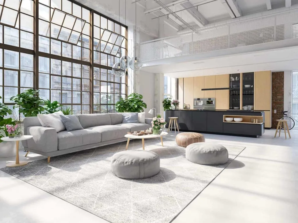 przestronny salon z częścią wypoczynkową w apartamencie