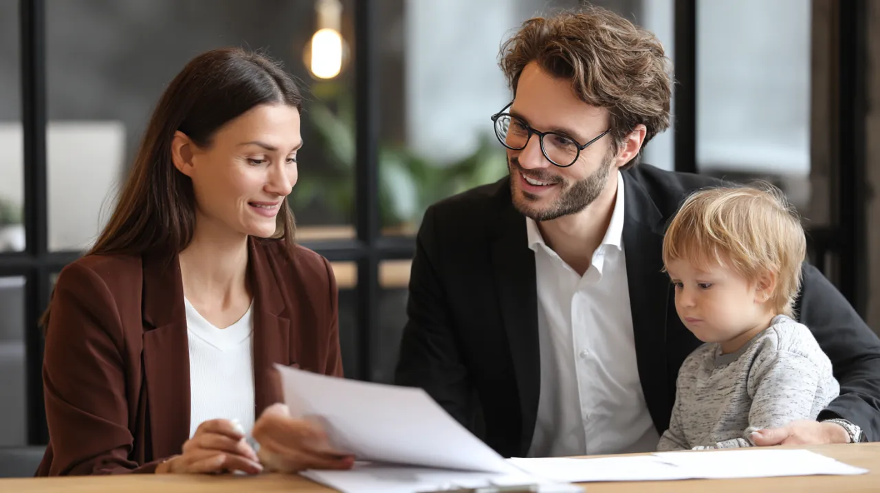 Rodzina rozmawiająca w sądzie, prawnik, sędzia