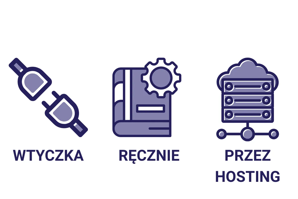 Ikony: wtyczka, podręcznik z kołem zębatym, serwer w chmurze. Dowiedz się, jak opublikować stronę WordPress.