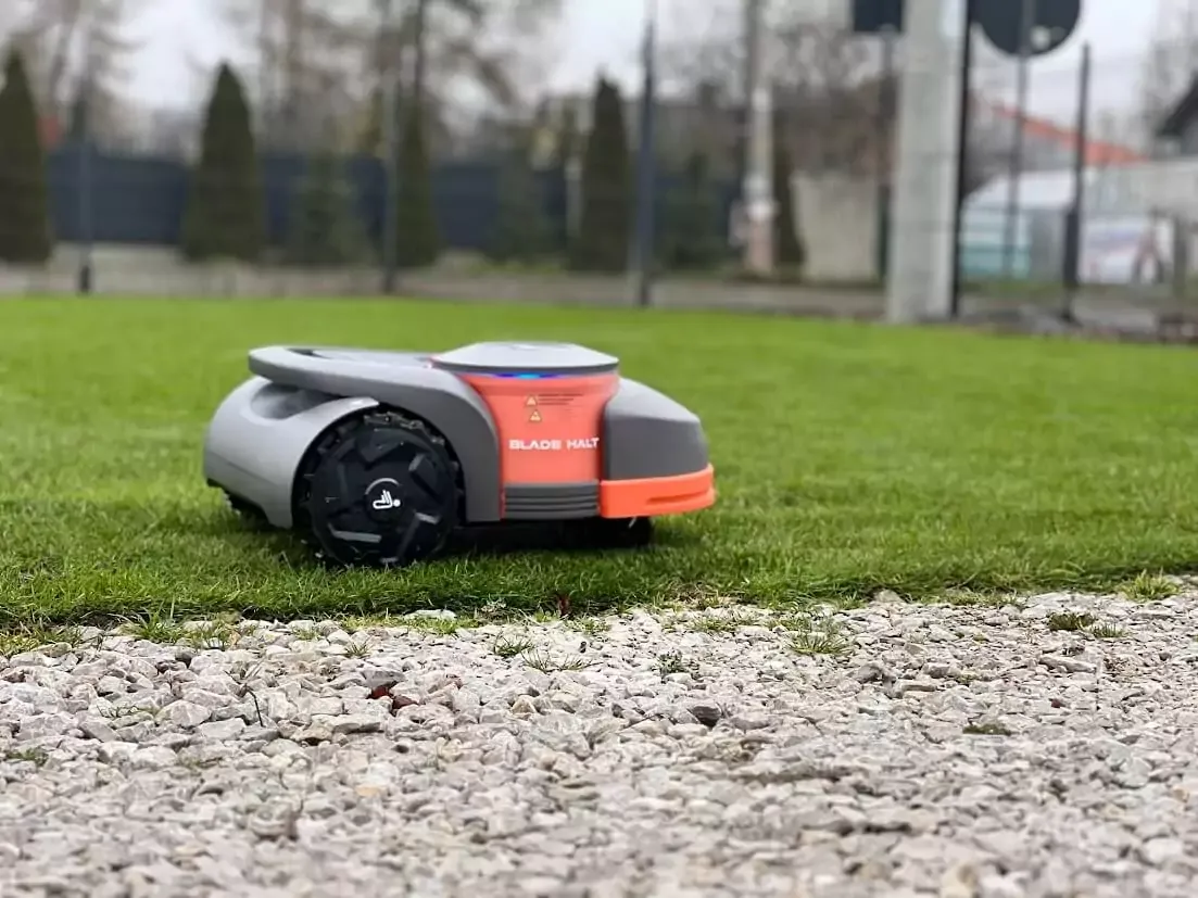 robot koszący w deszczu