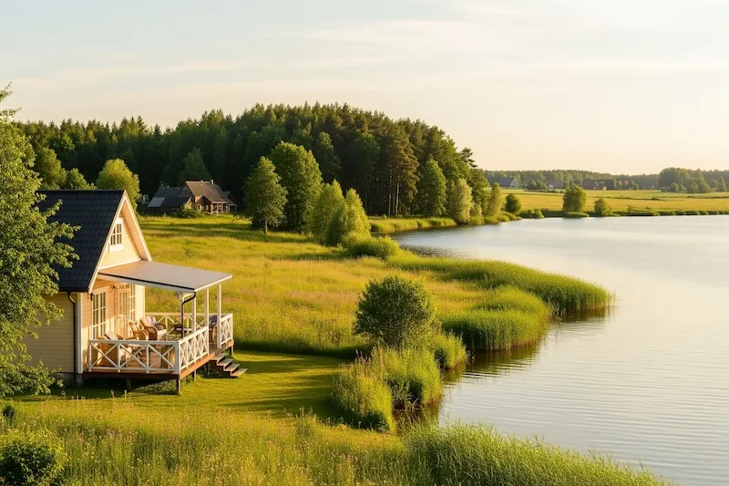 Jezioro Miedwie widoki domki na tle jeziora