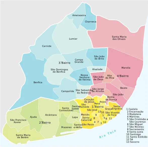 Mapa Lizbony z zaznaczonymi dzielnicami turystycznymi