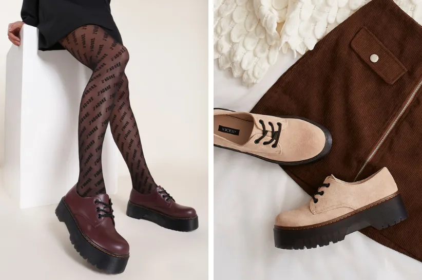 damskie oksfordy z sukienką, oksfordy ze spódnicą midi, oksfordy mini spódniczka dark academia