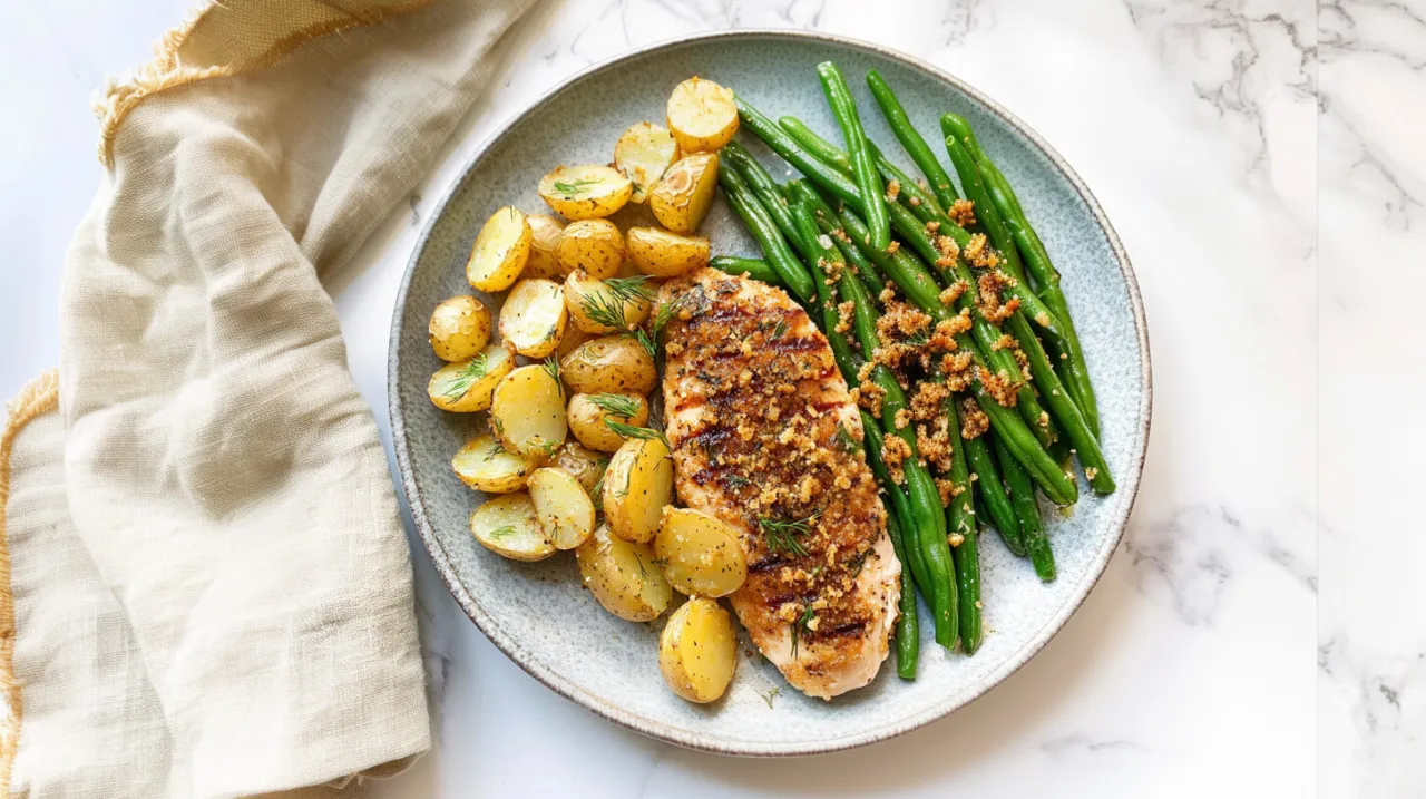 Dietetyczna pierś z kurczaka z pieczonymi ziemniaczkami i fasolką szparagową. Idealny pomysł na zdrowy obiad.