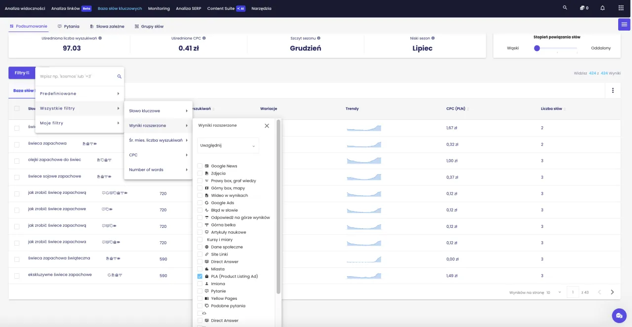 Panel narzędzi SEO z listą fraz kluczowych i opcjami filtrowania. Widoczna jest sekcja