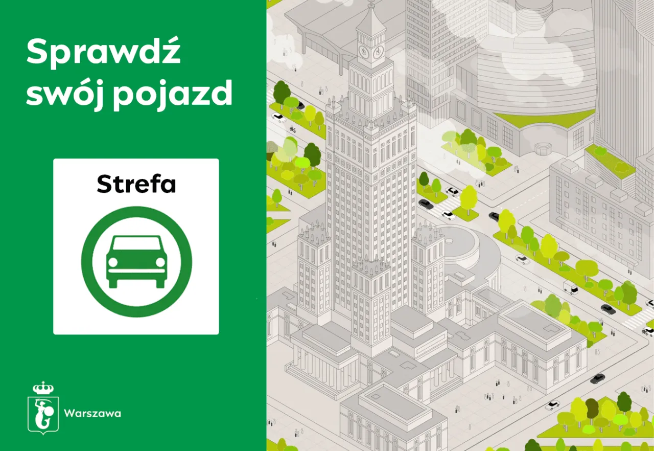 Sprawdź sw&oacute;j pojazd w czystej strefie Warszawa. Znak z zielonym autem w okręgu.