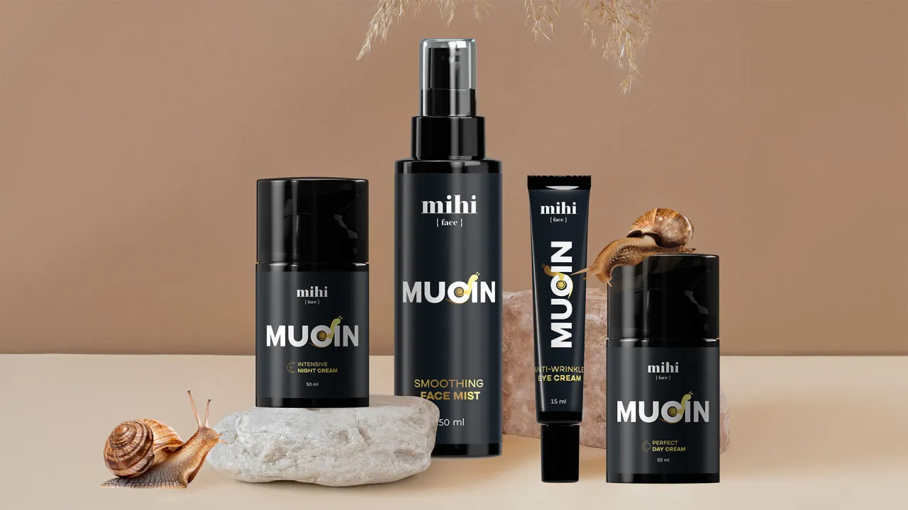 Kosmetyki mihi MUOIN z mucyną ślimaka. Zestaw do pielęgnacji twarzy: krem na noc, mgiełka, krem pod oczy, krem na dzień.