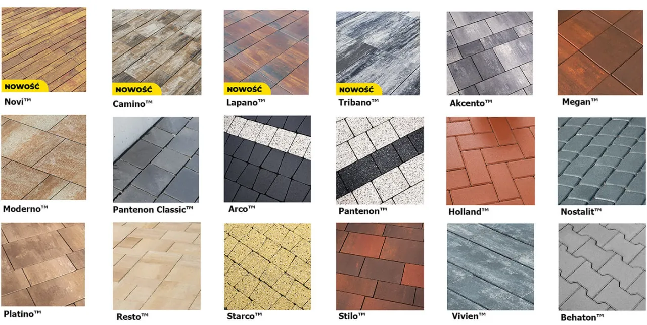 Różne rodzaje kostki brukowej i płyt betonowych