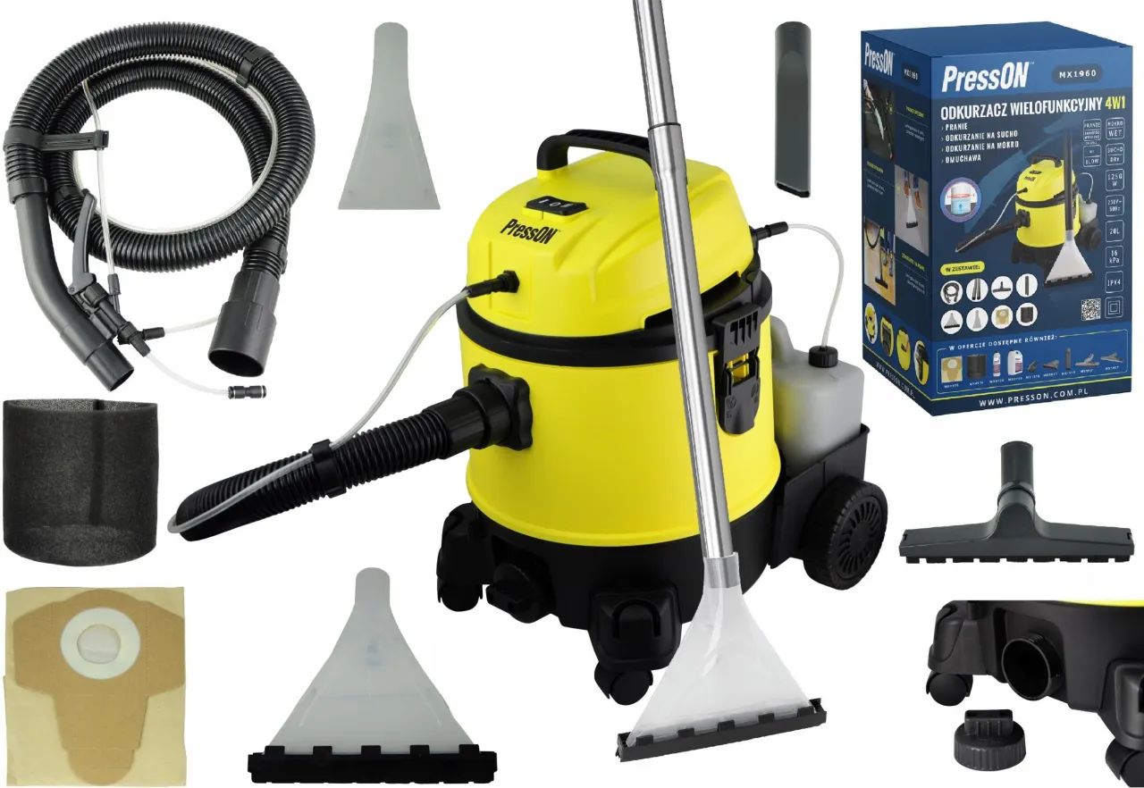 Odkurzacz piorący do tapicerki samochodowej z widocznymi akcesoriami