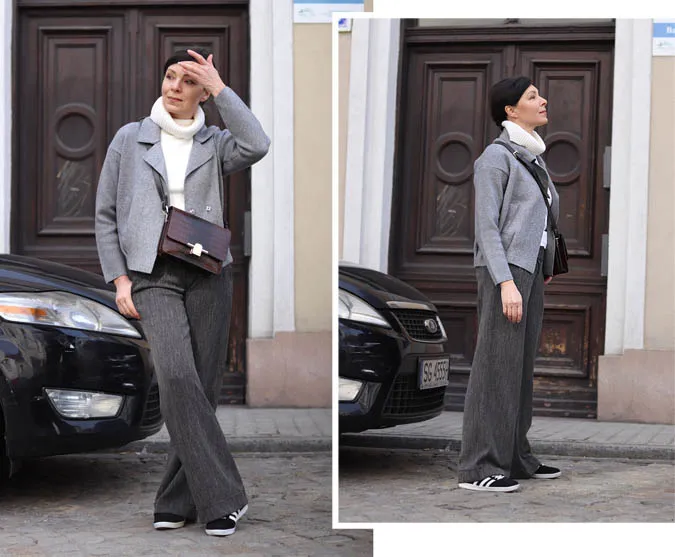 stylizacja szerokie spodnie kr&oacute;tka kurtka street style