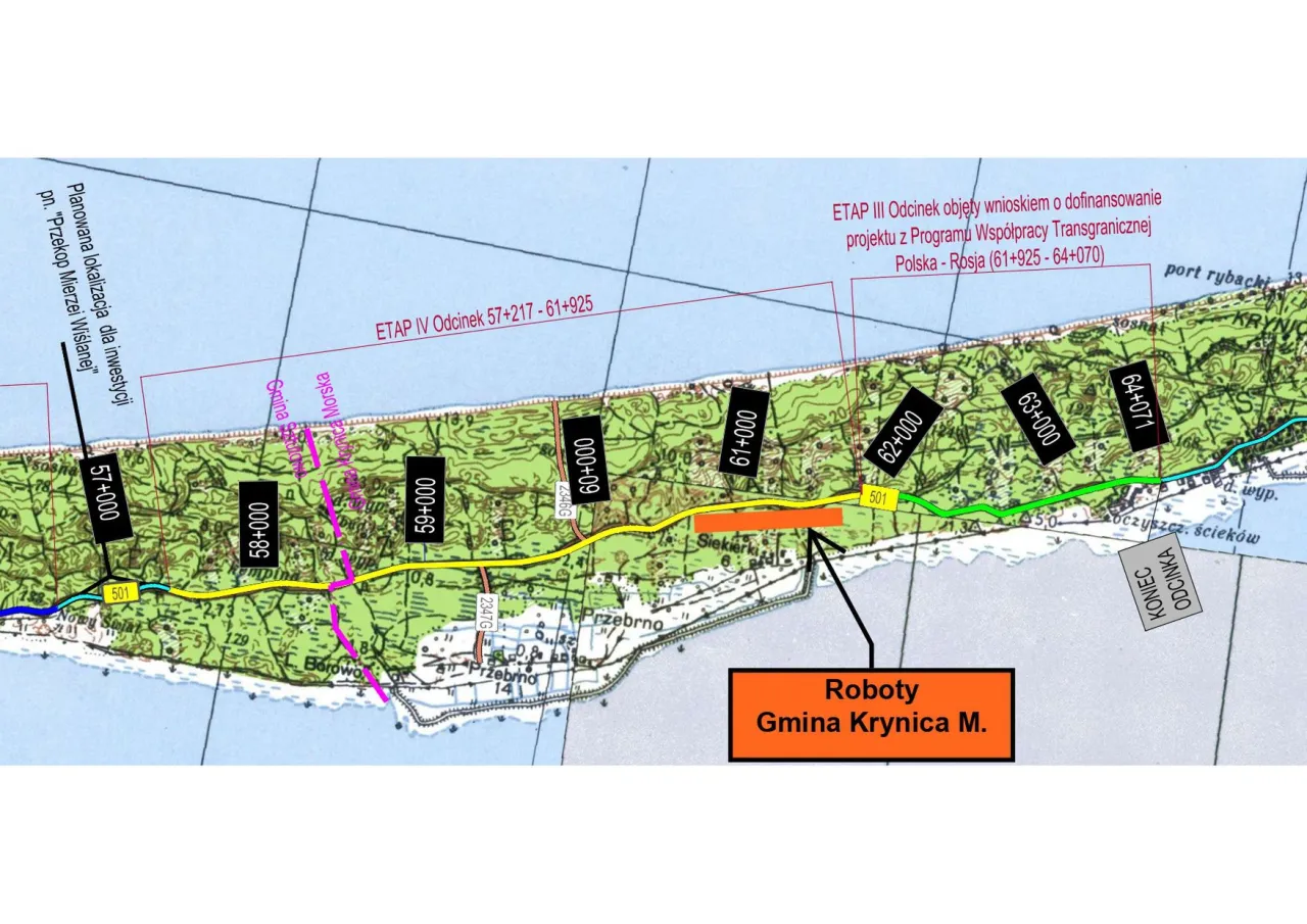 Mapa dojazdu samochodem do Krynicy Morskiej z zaznaczoną S7 i DW501