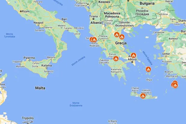 Mapa Rodos pożary 2023 obszary dotknięte