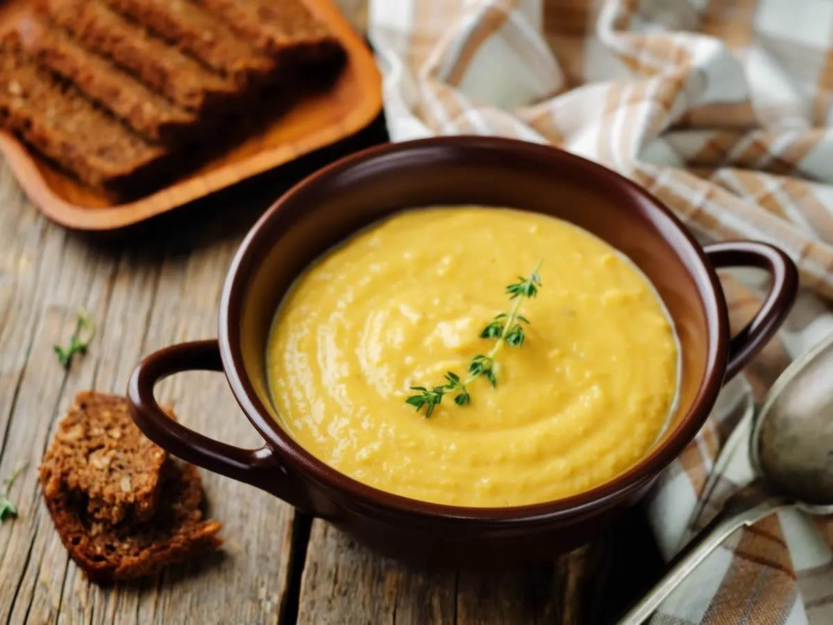 minestra ceci e castagne impiattata con crostini