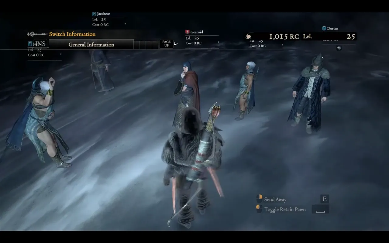 Postacie z gry Dragon's Dogma 1, w tym gracz z łukiem, stoją w mglistym otoczeniu.