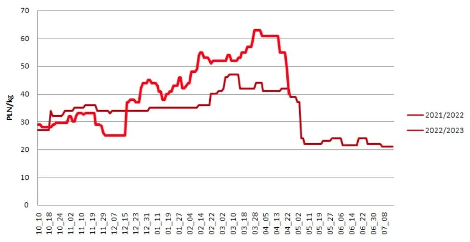 wykres cen borówek amerykańskich w sezonie