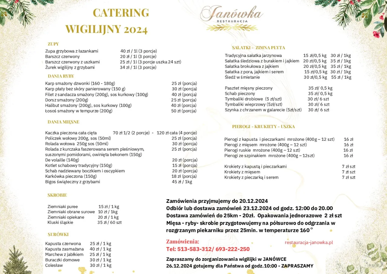 Menu wigilijne 2024. Sprawdź, ile kosztuje catering na wigilię: zupy, ryby, mięsa, sałatki, pierogi i krokiety.