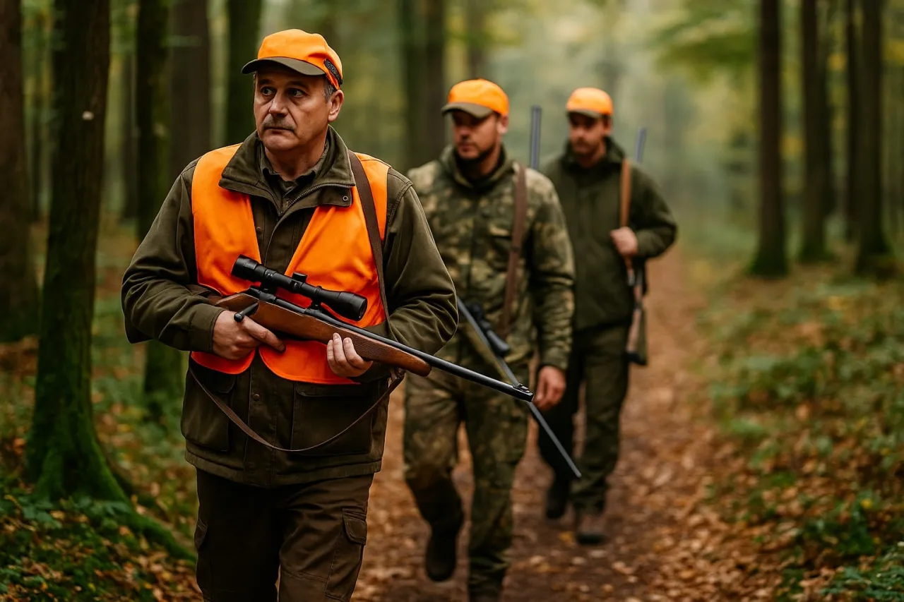 Trzech myśliwych w pomarańczowych kamizelkach i czapkach idzie przez las. Czy myśliwy ma obowiązek poinformować o polowaniu?
