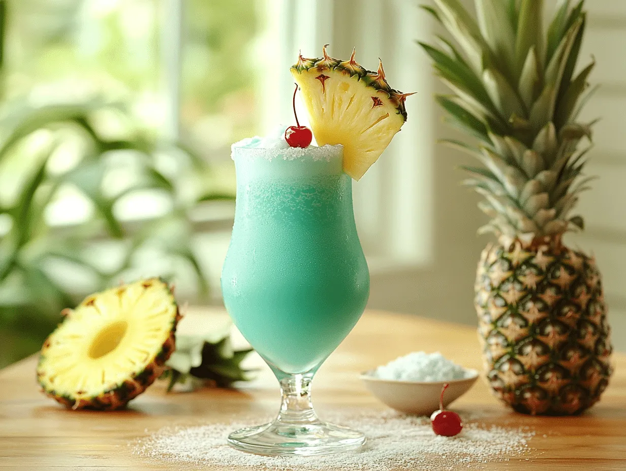 drink Blue Hawaiian w szklance z parasolką i ananasem