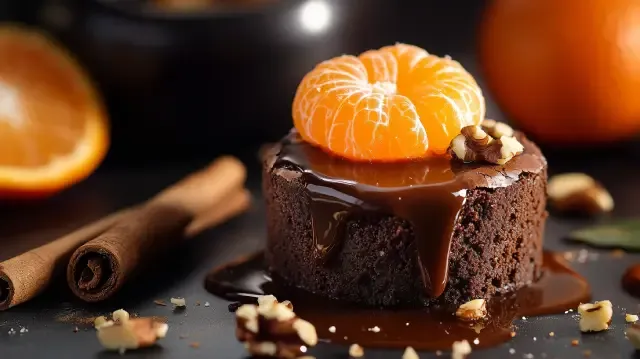 brownie de chocolate y naranja con un trozo cortado en un plato