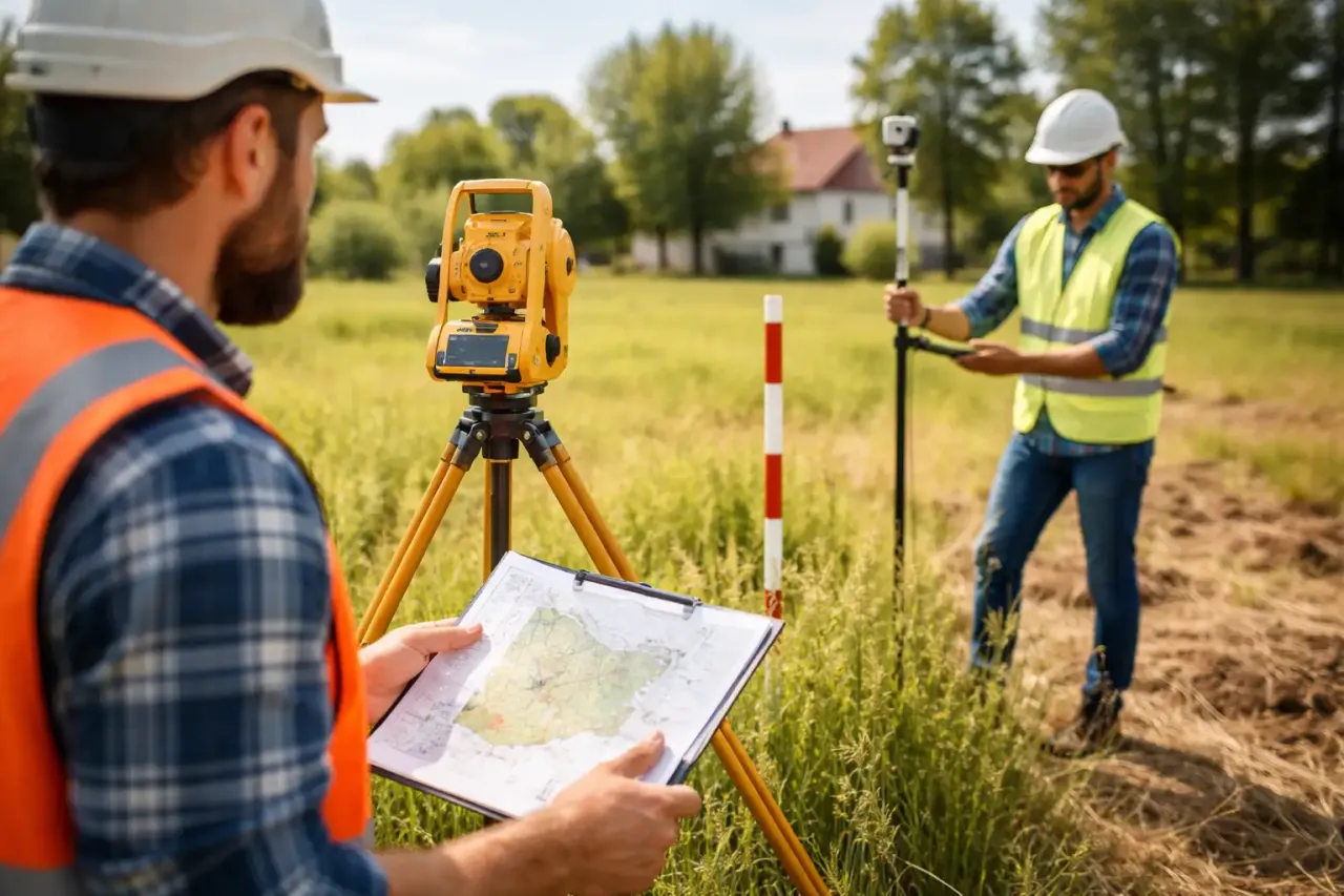 Geodeci pracują w terenie, ustalając, ile kosztuje geodeta z gminy. Jeden mierzy teren, drugi analizuje mapę.
