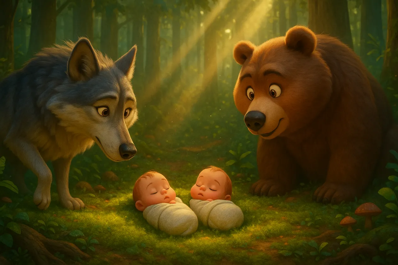 Wilk i niedźwiedź z baśni o Waligórze i Wyrwidębie patrzą z troską na śpiące w lesie niemowlęta.