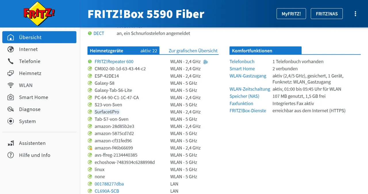 Screenshot Fritzbox Benutzeroberfläche verbundene Geräte