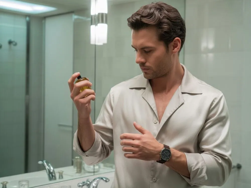 mężczyzna aplikujący perfumy punkty tętna