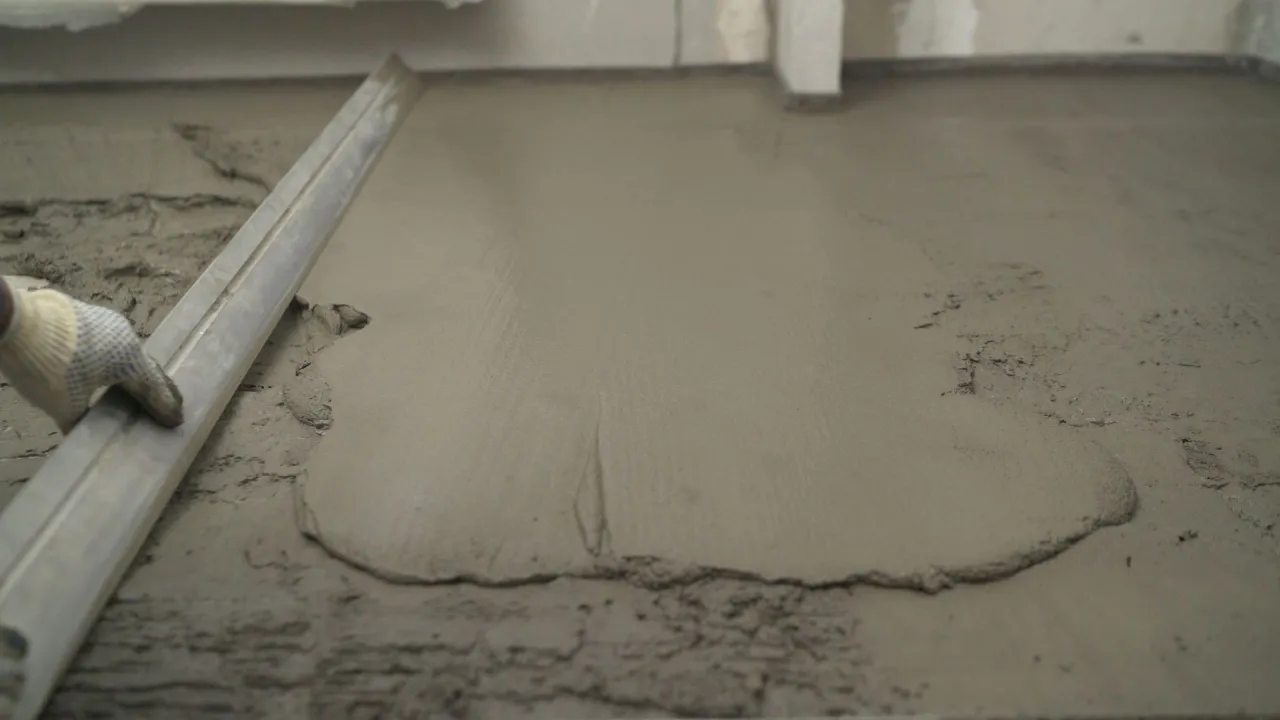 R&oacute;wnanie wylewki cementowej za pomocą łaty. Kluczowe jest obliczenie, ile cementu na 100m2 wylewki potrzebujesz.