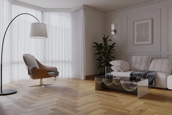 wnętrze w stylu skandynawskim z drewnianą podłogą, wnętrze w stylu japandi z drewnianą podłogą