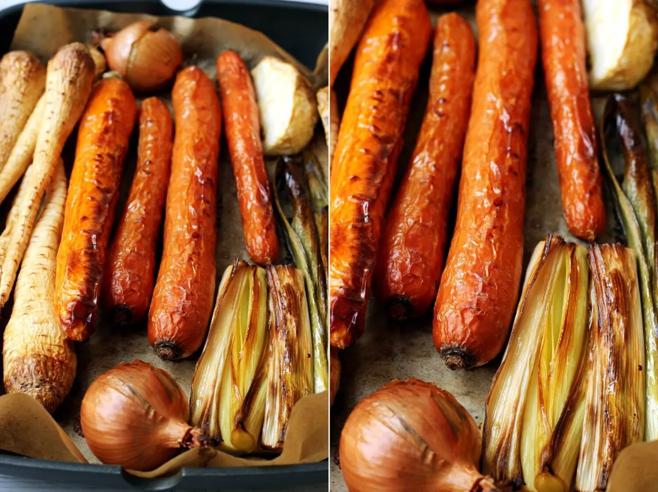 Pieczone warzywa: marchew, pasternak, cebula i por. Idealne składniki, by dowiedzieć się, jak zrobić ros&oacute;ł wegetariański.