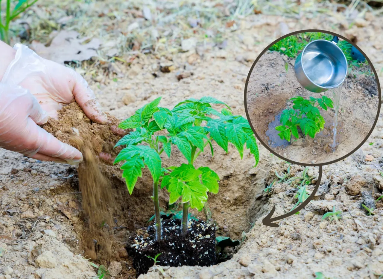 Sadzenie pomidor&oacute;w do gruntu: ręce w rękawiczkach zasypują sadzonkę ziemią, a w k&oacute;łku widać podlewanie.
