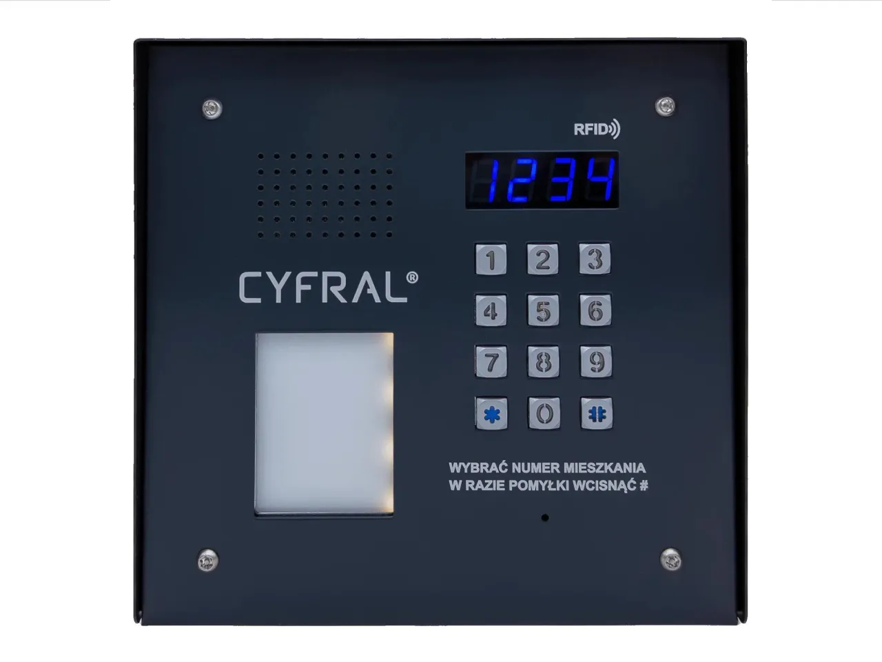 Cyfrowy domofon Cyfral z klawiaturą numeryczną i wyświetlaczem. Dowiedz się, jak wpisać kod do domofonu, wybierając numer mieszkania.